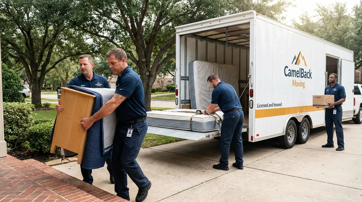 Crew loading residential truck for cross-state move from Hoisington, KS