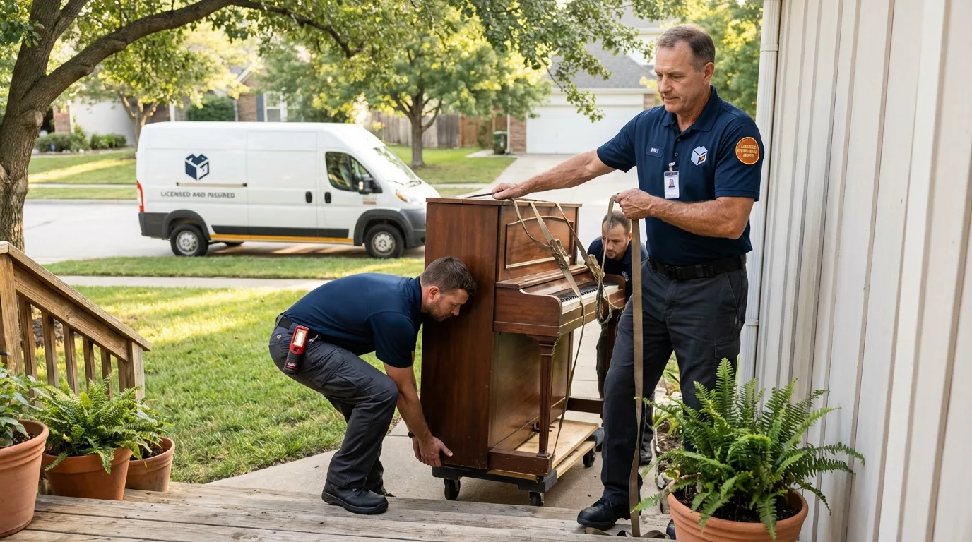 Licensed piano movers securing grand piano in Hoisington, KS