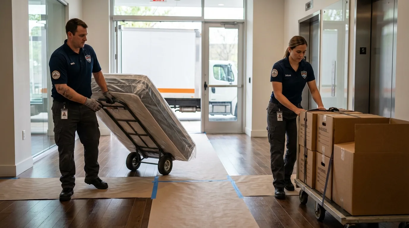 Professional apartment movers loading elevator in Hoisington, KS